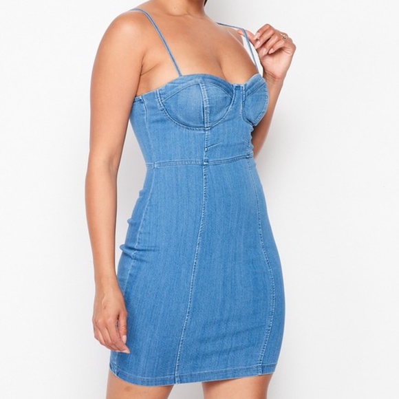 💙 Sexy Stretch Medium Wash Denim Sweetheart Bust Mini Dress (B) - Picture 3 of 5